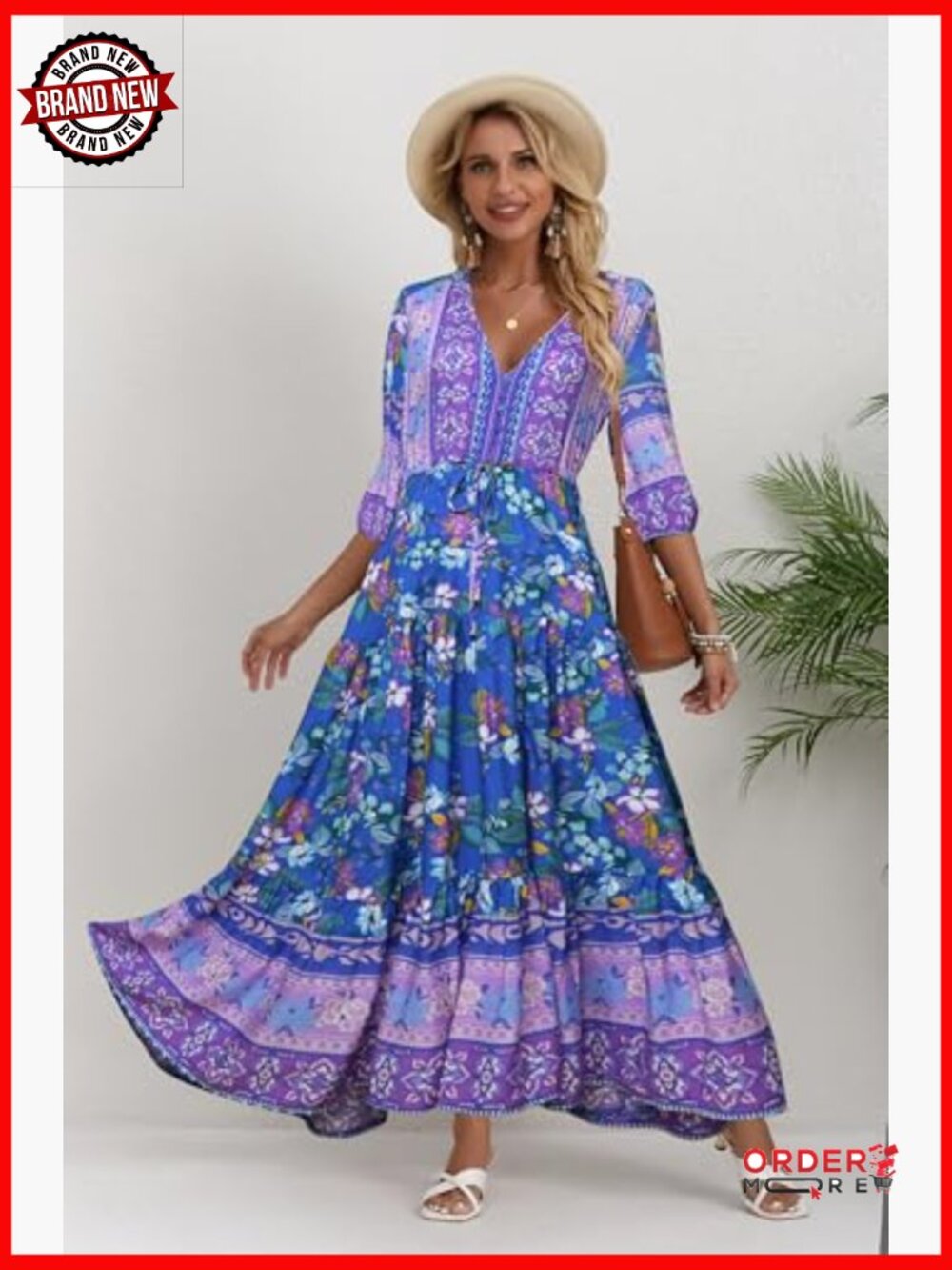 V Neck Floral Print Maxi Dress Bohemian Casual Short Sleeve - Picture 3 of 7